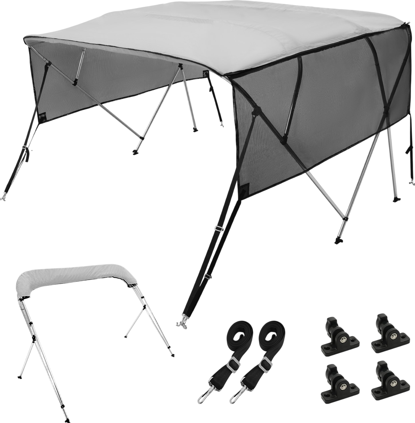 Vevor 4 Bow Bimini Top Boat Cover 600D 8' x 85"-90" x 54" Detachable Mesh Sidewalls Aluminum Frame New