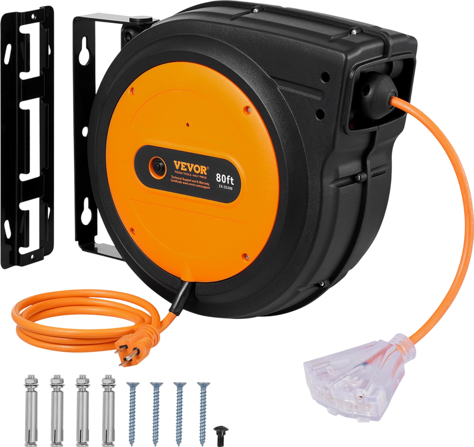 Vevor Retractable Extension Cord Reel 80' Swivel Bracket 125V 12 AWG 3C SJTOW 3 Outlet Socket New